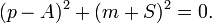  ( p-A)^2 + (m+S)^2 =0. \,