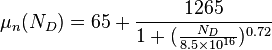 \mu_n(N_D) = 65 + \frac{1265}{1+(\frac{N_D}{8.5\times10^{16}})^{0.72}}