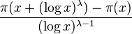 \frac{\pi(x+(\log x)^\lambda)-\pi(x)}{(\log x)^{\lambda-1}}