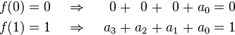 \begin{alignat}{13}
f(0) &&\; = \;&& 0 \;\;\;\;\;&& \Rightarrow &&\;\;\;\;\;   0 \;&& + &&\;   0 \;&& + &&\;   0 \;&& + &&\; a_0 &&\; = \;&& 0 & \\
f(1) &&\; = \;&& 1 \;\;\;\;\;&& \Rightarrow &&\;\;\;\;\; a_3 \;&& + &&\; a_2 \;&& + &&\; a_1 \;&& + &&\; a_0 &&\; = \;&& 1 &
\end{alignat}