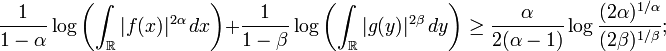 \frac{1}{1-\alpha} \log \left(\int_{\mathbb R} |f(x)|^{2\alpha}\,dx\right)
       + \frac {1}{1-\beta} \log\left(\int_{\mathbb R} |g(y)|^{2\beta}\,dy\right)
       \ge \frac\alpha{2(\alpha-1)}\log\frac{(2\alpha)^{1/\alpha}}{(2\beta)^{1/\beta}};
