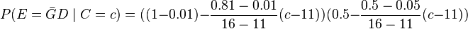 P(E=\bar G D \mid C=c) = ((1-0.01) - \frac{0.81-0.01}{16-11}(c-11))(0.5 - \frac{0.5-0.05}{16-11}(c-11))