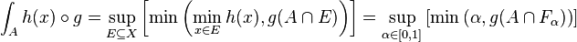 
\int_A h(x) \circ g 
= {\sup_{E\subseteq X}} \left[\min\left(\min_{x\in E} h(x), g(A\cap E)\right)\right]
= {\sup_{\alpha\in [0,1]}} \left[\min\left(\alpha, g(A\cap F_\alpha)\right)\right]
