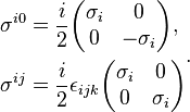 \begin{align}
\sigma^{i0} &= \frac{i}{2}\biggl(\begin{matrix}
\sigma_i & 0 \\ 
0 & -\sigma_i \\
\end{matrix}\biggr),\\
\sigma^{ij} &= \frac{i}{2}\epsilon_{ijk}
\biggl(\begin{matrix}
\sigma_i & 0 \\
0 & \sigma_i \\
\end{matrix}\biggr)\\
\end{align}.