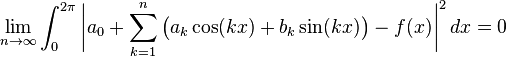 \lim_{n\rightarrow\infty}\int_0^{2\pi}\biggl|a_0+\sum_{k=1}^n \bigl(a_k\cos(kx)+b_k\sin(kx)\bigr)-f(x)\biggr|^2\,dx=0