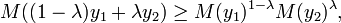 M((1-\lambda) y_1 + \lambda y_2) \geq M(y_1)^{1-\lambda} M(y_2)^\lambda,