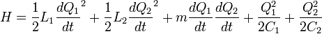  H=\frac{1}{2} L_1 \frac{dQ_1}{dt} ^2 + \frac{1}{2} L_2 \frac{dQ_2}{dt} ^2+ m \frac{dQ_1}{dt} \frac{dQ_2}{dt} + \frac{Q_1^2}{2C_1} + \frac{Q_2^2}{2C_2} 