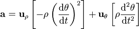 \mathbf{a} = \mathbf{u}_{\rho} \left[ -\rho\left( \frac {\mathrm{d} \theta} {\mathrm{d}t}\right)^2 \right] + \mathbf{u}_{\theta}\left[ \rho \frac {\mathrm{d}^2 \theta} {\mathrm{d}t^2}\right] \ 