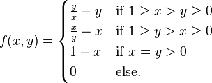 
f(x,y)=
\begin{cases}
\frac{y}{x}-y & \text{if } 1 \geq x > y \geq 0 \\
\frac{x}{y}-x & \text{if } 1 \geq y > x \geq 0 \\
1-x & \text{if } x=y>0 \\
0 & \text{else}.
\end{cases}
