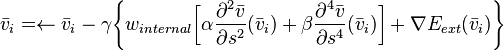 \bar v_i= \leftarrow \bar v_i - \gamma \Bigg\{ w_{internal} \bigg[ \alpha \frac{\partial ^2 \bar v}{\partial s^2} (\bar v_i)+\beta \frac{\partial ^4 \bar v}{\partial s^4} (\bar v_i) \bigg] + \nabla E_{ext} (\bar v_i) \Bigg\} 