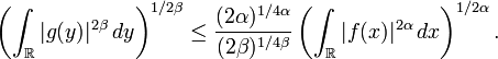 \left(\int_{\mathbb R} |g(y)|^{2\beta}\,dy\right)^{1/2\beta}
       \le \frac{(2\alpha)^{1/4\alpha}}{(2\beta)^{1/4\beta}}
       \left(\int_{\mathbb R} |f(x)|^{2\alpha}\,dx\right)^{1/2\alpha}.
