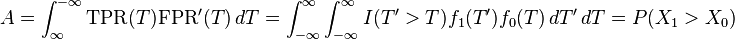  A = \int_{\infty}^{-\infty} \mbox{TPR}(T) \mbox{FPR}'(T) \, dT = \int_{-\infty}^{\infty} \int_{-\infty}^{\infty} I(T'>T)f_1(T') f_0(T) \, dT' \, dT = P(X_1 > X_0) 