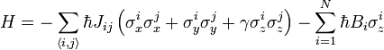  H=-\sum_{\langle i,j \rangle} \hbar J_{ij} \left({\sigma}_x^{i}{\sigma}_x^{j} +{\sigma}_y^{i}{\sigma}_y^{j}+\gamma {\sigma}_z^{i}{\sigma}_z^{j}\right)-\sum_{i=1}^{N} \hbar B_i \sigma_z^{i} 