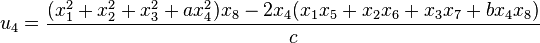 u_4 = \frac{(x_1^2+x_2^2+x_3^2+ax_4^2)x_8 - 2x_4(x_1 x_5 + x_2 x_6+ x_3 x_7+ bx_4 x_8)}{c}