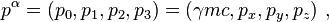 p^\alpha = \left(p_0, p_1, p_2, p_3 \right) = \left(\gamma m c, p_x, p_y, p_z \right) \, ,