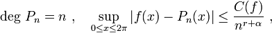  \deg\, P_n = n~, \quad \sup_{0 \leq x \leq 2\pi} |f(x) - P_n(x)| \leq \frac{C(f)}{n^{r + \alpha}}~,