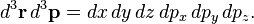  d^3\mathbf{r}\,d^3\mathbf{p} = dx\,dy\,dz\,dp_x\,dp_y\,dp_z. 