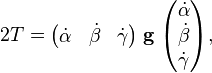 
2 T =
\begin{pmatrix} 
\dot{\alpha} & \dot{\beta} & \dot{\gamma}
\end{pmatrix}
\; \mathbf{g} \;
\begin{pmatrix} 
\dot{\alpha} \\ \dot{\beta} \\ \dot{\gamma}\\
\end{pmatrix},
