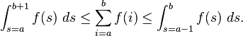 \int_{s=a}^{b+1} f(s)\ ds \le \sum_{i=a}^{b} f(i) \le \int_{s=a-1}^{b} f(s)\ ds.