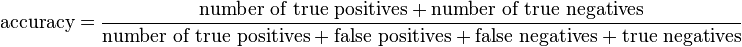 \text{accuracy}=\frac{\text{number of true positives}+\text{number of true negatives}}{\text{number of true positives}+\text{false positives} + \text{false negatives} + \text{true negatives}}