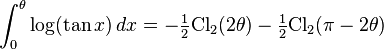 \int_0^{\theta}\log(\tan x)\,dx=-\tfrac{1}{2}\text{Cl}_2(2\theta)-\tfrac{1}{2}\text{Cl}_2(\pi-2\theta)