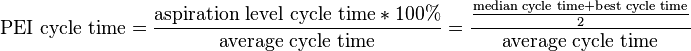 \text{PEI cycle time}=\frac{\text{aspiration level cycle time}*100%}{\text{average cycle time}}=\frac{\frac{\text{median cycle time}+\text{best cycle time}}{2}}{\text{average cycle time}}