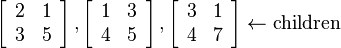 
\left[ {\begin{array}{*{20}{c}}
   2 & 1  \\
   3 & 5
\end{array}} \right],\left[ {\begin{array}{*{20}{c}}
   1 & 3  \\
   4 & 5
\end{array}} \right],\left[ {\begin{array}{*{20}{c}}
   3 & 1  \\
   4 & 7
\end{array}} \right] \leftarrow \text{children}
