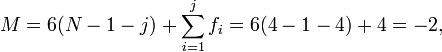  M = 6(N - 1 - j) + \sum_{i=1}^j f_i = 6(4-1-4) + 4 = -2, 