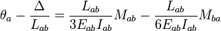 \theta_a - \frac{\Delta}{L_{ab}}= \frac{L_{ab}}{3E_{ab} I_{ab}} M_{ab} - \frac{L_{ab}}{6E_{ab} I_{ab}} M_{ba}