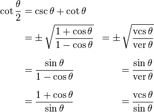 \begin{align} \cot \frac{\theta}{2} &= \csc \theta + \cot \theta \\ &= \pm\, \sqrt{1 + \cos \theta \over 1 - \cos \theta} &= \pm\, \sqrt{\operatorname{vcs}\theta \over \operatorname{ver}\theta} \\[8pt] &= \frac{\sin \theta}{1 - \cos \theta} &= \frac{\sin \theta}{\operatorname{ver}\theta} \\[8pt] &= \frac{1 + \cos \theta}{\sin \theta} &= \frac{\operatorname{vcs}\theta}{\sin \theta}\end{align}