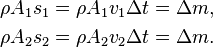 
\begin{align}
  \rho A_1 s_1 &= \rho A_{1} v_{1} \Delta t = \Delta m,
  \\
  \rho A_2 s_2 &= \rho A_{2} v_{2} \Delta t = \Delta m.
\end{align}
