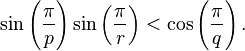 \sin\left(\frac{\pi}{p}\right) \sin\left(\frac{\pi}{r}\right) < \cos\left(\frac{\pi}{q}\right). 