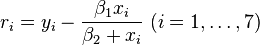 r_i = y_i - \frac{\beta_1x_i}{\beta_2+x_i} \; (i=1,\dots, 7)