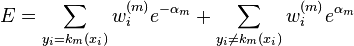 E = \sum_{y_i = k_m(x_i)} w_i^{(m)}e^{-\alpha_m} + \sum_{y_i \neq k_m(x_i)} w_i^{(m)}e^{\alpha_m}