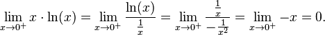 \lim_{x\to 0^+}x\cdot \ln(x) =\lim_{x\to 0^+}{\frac{\ln(x)}{\frac1{x}}}
=\lim_{x\to 0^+}{\frac{\frac1{x}}{-\frac1{x^2}}}
=\lim_{x\to 0^+}-x =0.