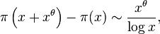 \pi\left(x+x^\theta\right)-\pi(x)\sim\frac{x^\theta}{\log x},