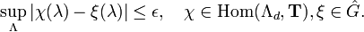  \sup_\Lambda |\chi(\lambda)-\xi(\lambda)| \leq \epsilon, \quad
\chi\in\operatorname{Hom}(\Lambda_d,\mathbf{T}), \xi\in\hat{G}. 