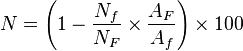 N = \left ( 1 - \frac{N_f}{N_F} \times \frac{A_F}{A_f} \right ) \times 100 