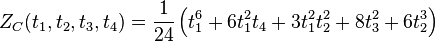 Z_C(t_1,t_2,t_3,t_4) = \frac{1}{24}\left(t_1^6 + 6 t_1^2 t_4 + 3 t_1^2 t_2^2 + 8 t_3^2 + 6 t_2^3\right)
