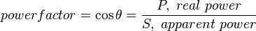 power factor =\cos\theta= \frac{P, \ real \ power}{S, \ apparent \ power}