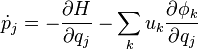 
\dot{p}_j = -\frac{\partial H}{\partial q_j} - \sum_k u_k \frac{\partial \phi_k}{\partial q_j}
