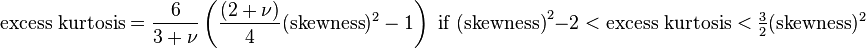 \text{excess kurtosis} =\frac{6}{3 + \nu}\left(\frac{(2 + \nu)}{4} (\text{skewness})^2 - 1\right)\text{ if (skewness)}^2-2< \text{excess kurtosis}< \tfrac{3}{2} (\text{skewness})^2