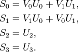 \begin{align} S_0 &= V_0 U_0 + V_1 U_1,\\
S_1 &= V_1 U_0 + V_0 U_1,\\
S_2 &= U_2,\\
S_3 &= U_3.\end{align} 