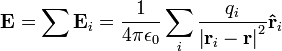 \mathbf{E} = \sum \mathbf{E}_i = \frac{1}{4 \pi \epsilon_0} \sum_i \frac{q_i}{\left | \mathbf{r}_i - \mathbf{r} \right |^2}\mathbf{\hat{r}}_i \,\!