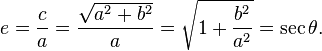 
e = \frac{c}{a} = \frac{\sqrt{a^{2} + b^{2}}}{a} = \sqrt{1 + \frac{b^{2}}{a^{2}}} = \sec \theta .
