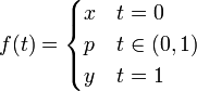 
f(t) = \begin{cases} x & t=0 \\
p & t\in(0,1) \\
y & t=1
\end{cases}