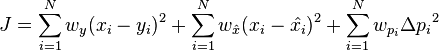 J=\sum_{i=1}^N w_{y} (x_i-y_i)^2 + \sum_{i=1}^N w_{\hat{x}} (x_i-\hat{x_i})^2 + \sum_{i=1}^N w_{p_i} {\Delta p_i}^2