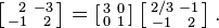 
\left [
\begin{smallmatrix}
\;\,\, 2&-3\\
-1&\;\,\, 2
\end{smallmatrix}\right ]
 = \left [
\begin{smallmatrix}
3&0\\
0&1
\end{smallmatrix}\right ]
\left [
\begin{smallmatrix}
2/3&-1\\
-1&\;2
\end{smallmatrix}\right ].
