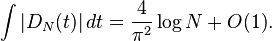 \int |D_N(t)|\,dt = \frac{4}{\pi^2}\log N+O(1).