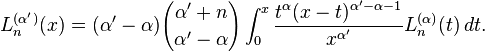 L_n^{(\alpha')}(x) = (\alpha'-\alpha) {\alpha'+ n \choose \alpha'-\alpha} \int_0^x \frac{t^\alpha (x-t)^{\alpha'-\alpha-1}}{x^{\alpha'}} L_n^{(\alpha)}(t)\,dt.